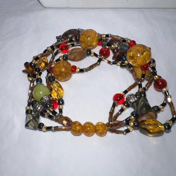 Boho Glass, Wood and Seed Bead Multi Strand Stretch Bracelet - Picture 5 of 7